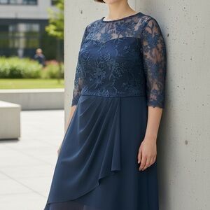 Elegant Navy Lace Long Sleeve Dress